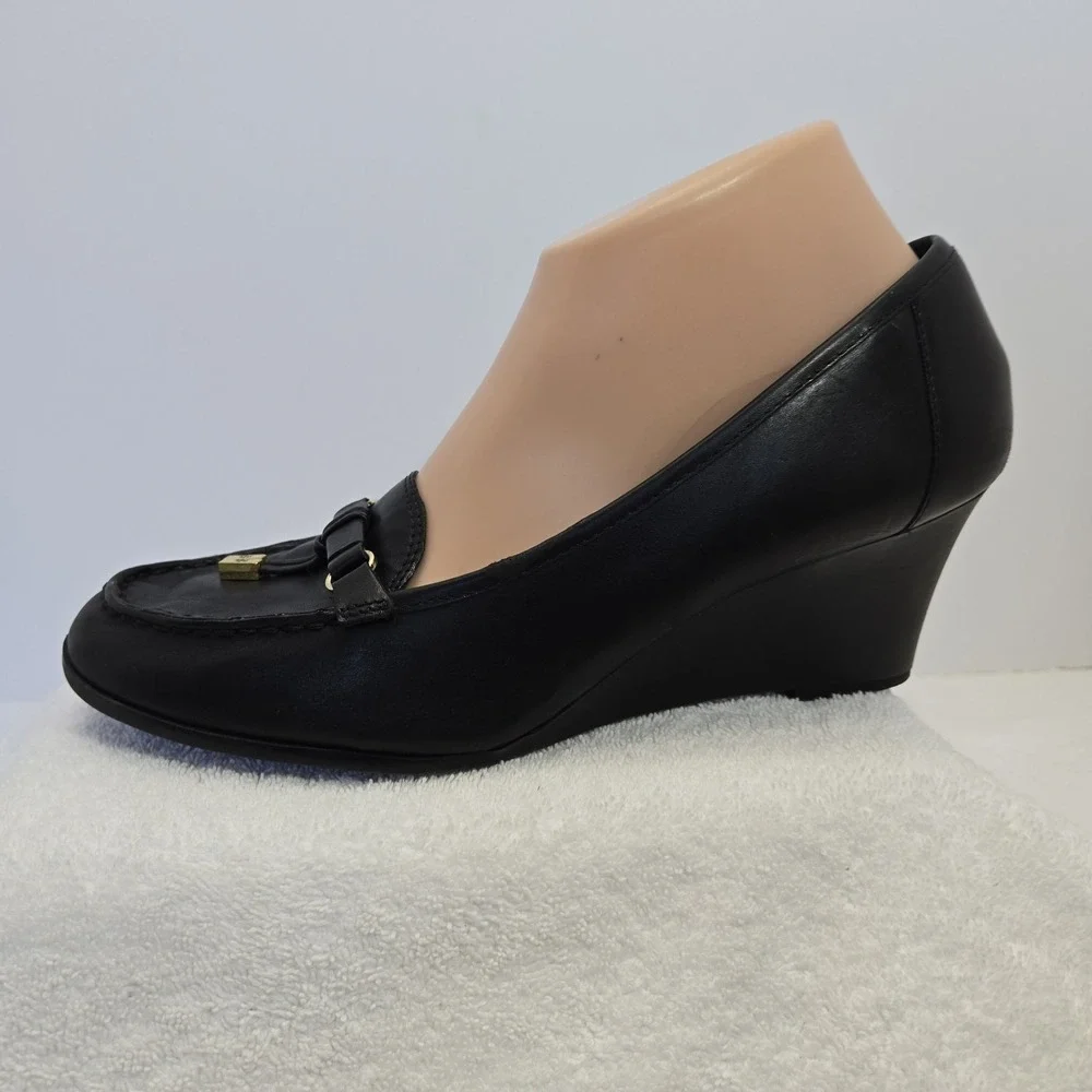 Lauren Ralph Lauren Rory Black  Leather Tassel Loafer Wedge Heels Women 9.5 B